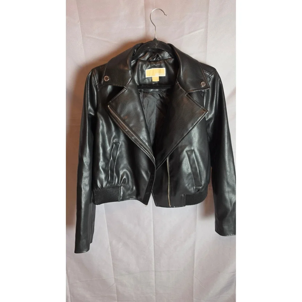 Michael Kors Womens Black Faux Leather Moto Jacket Cropped Bomber Streetwear